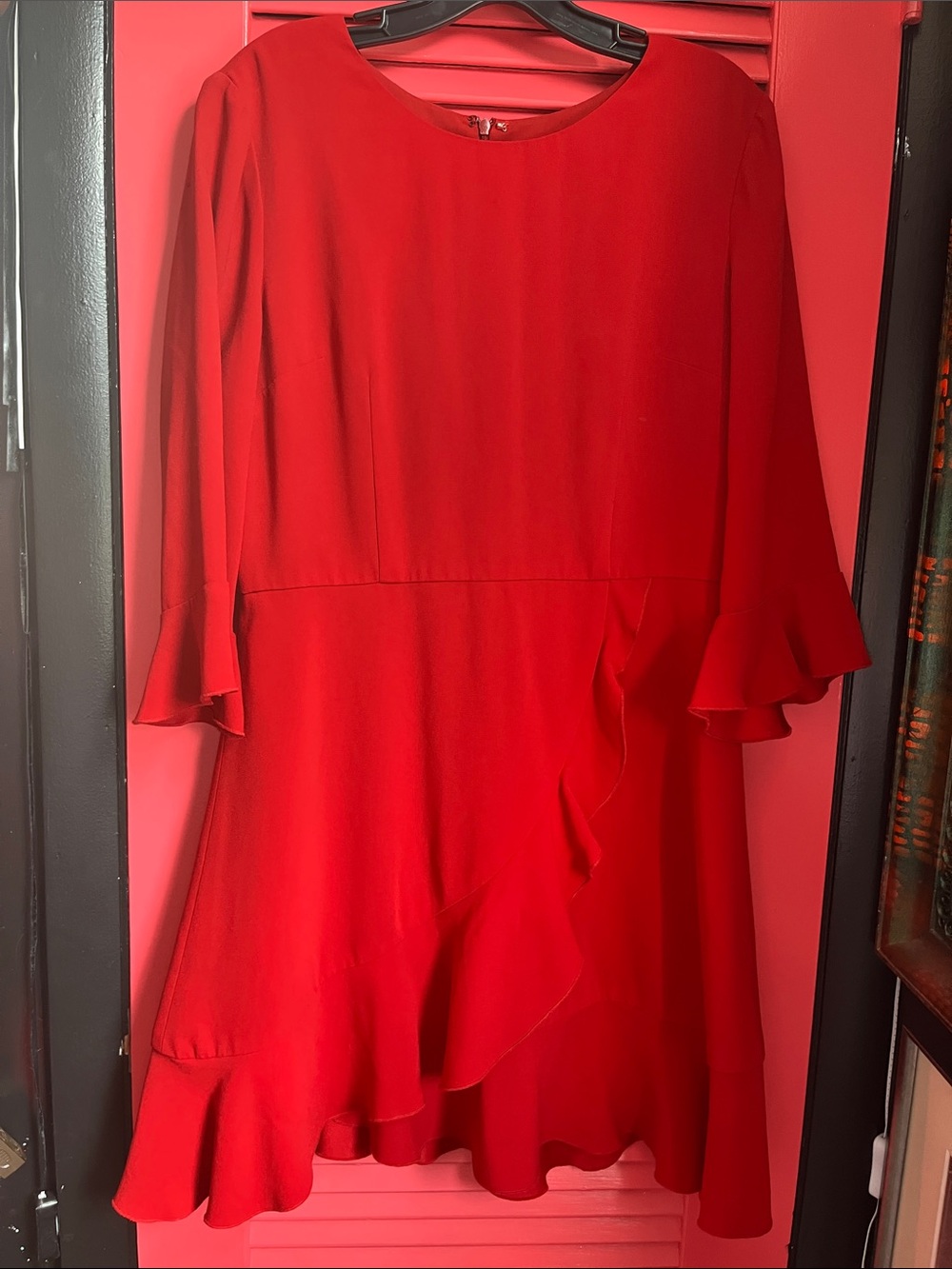 Slate & Willow Red Ruffle Hem Long Sleeve A-Line Dress